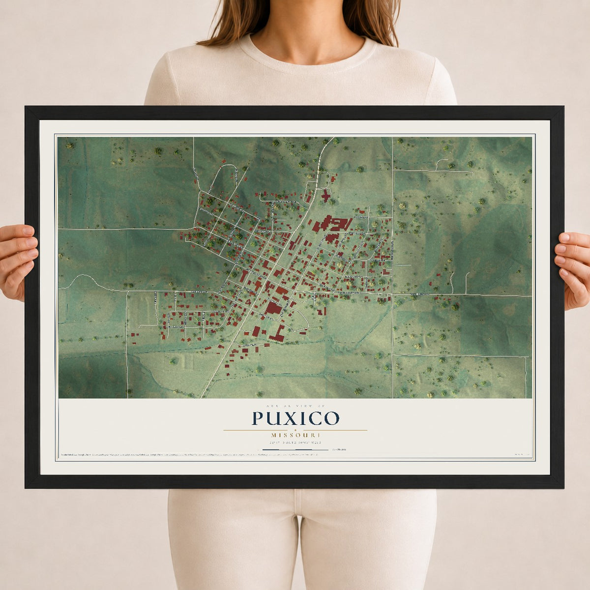 Map of Puxico, Missouri, 18 x 24 inch print in a black wood frame