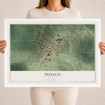 Map of Puxico, Missouri, 18 x 24 inch print in a white wood frame