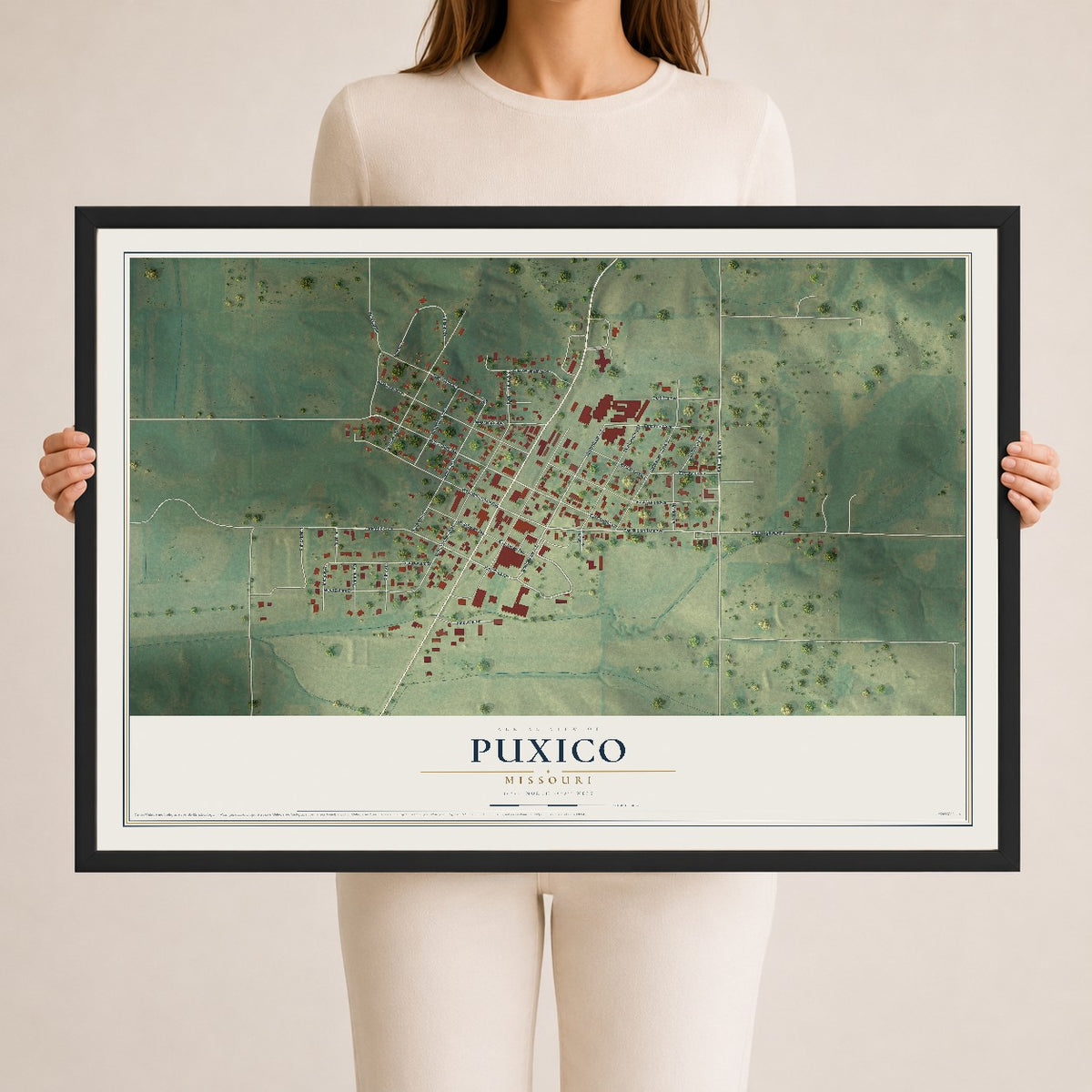 Map of Puxico, Missouri, 24 x 36 inch print in a black wood frame
