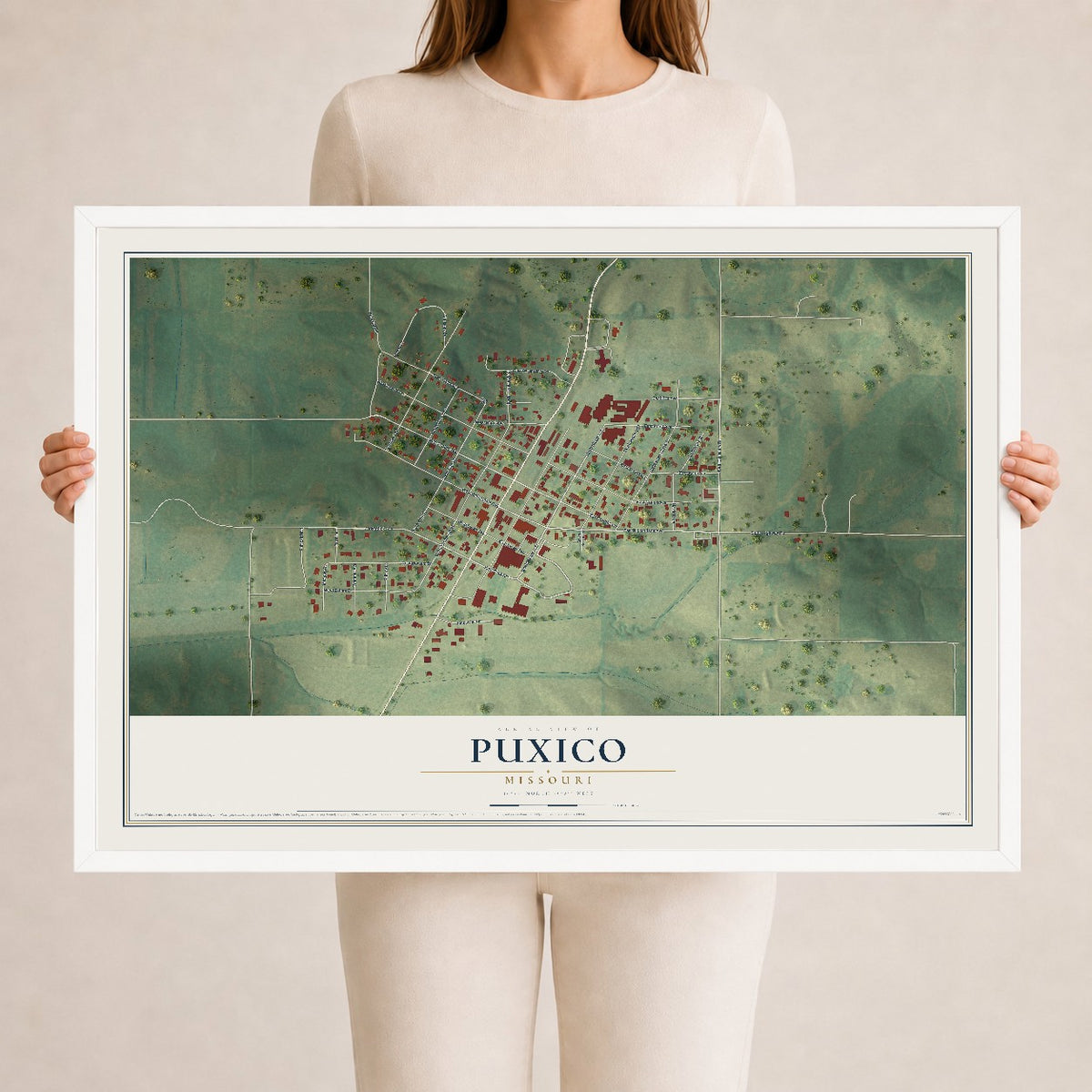 Map of Puxico, Missouri, 24 x 36 inch print in a white wood frame