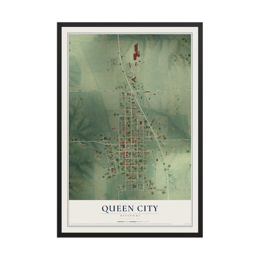 Map of Queen City, Missouri, 12 x 18 inch print in a black wood frame