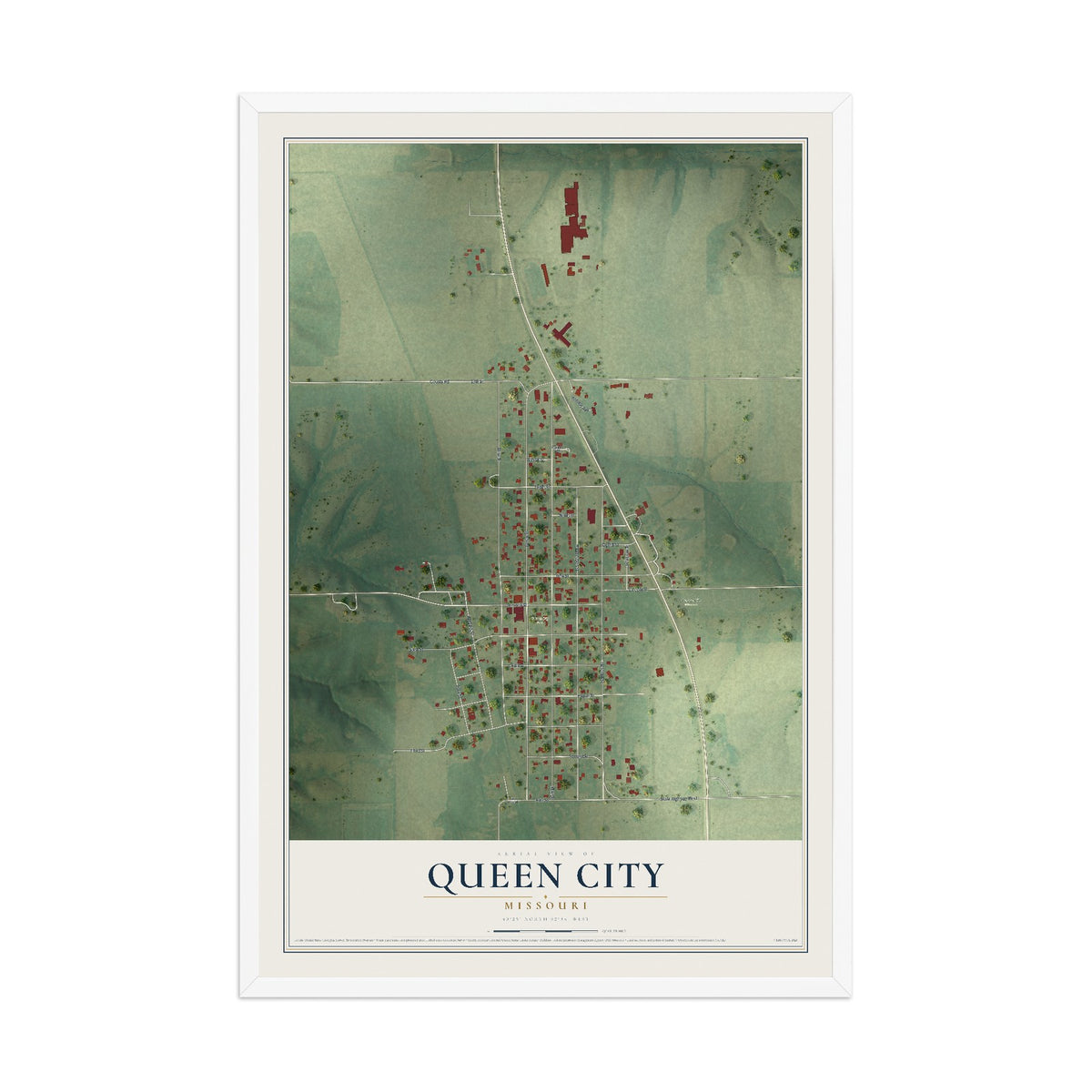 Map of Queen City, Missouri, 12 x 18 inch print in a white wood frame