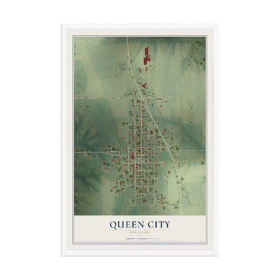 Map of Queen City, Missouri, 12 x 18 inch print in a white wood frame