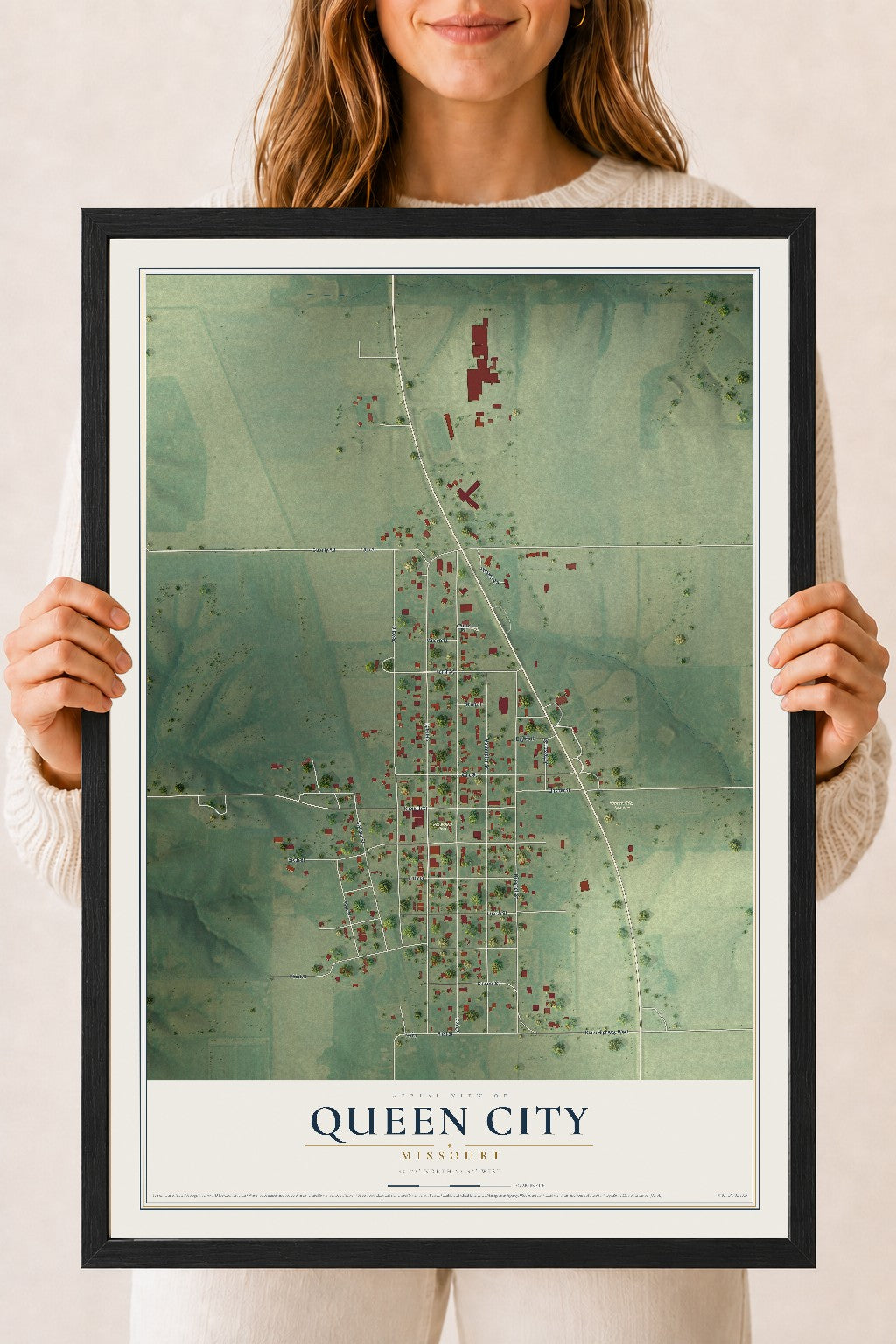 Map of Queen City, Missouri, 18 x 24 inch print in a black wood frame