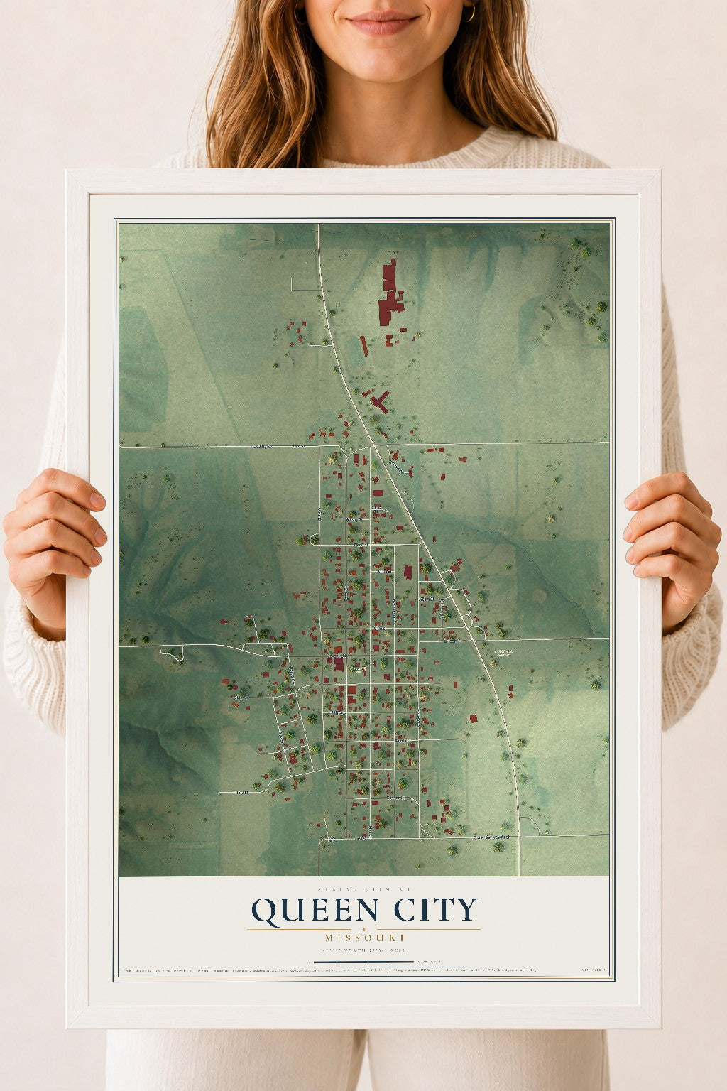Map of Queen City, Missouri, 18 x 24 inch print in a white wood frame