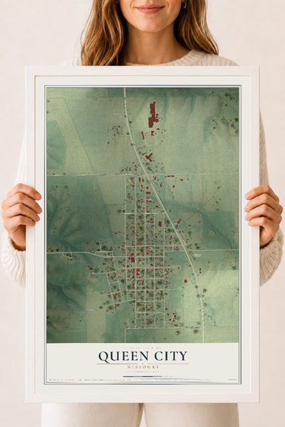 Map of Queen City, Missouri, 18 x 24 inch print in a white wood frame
