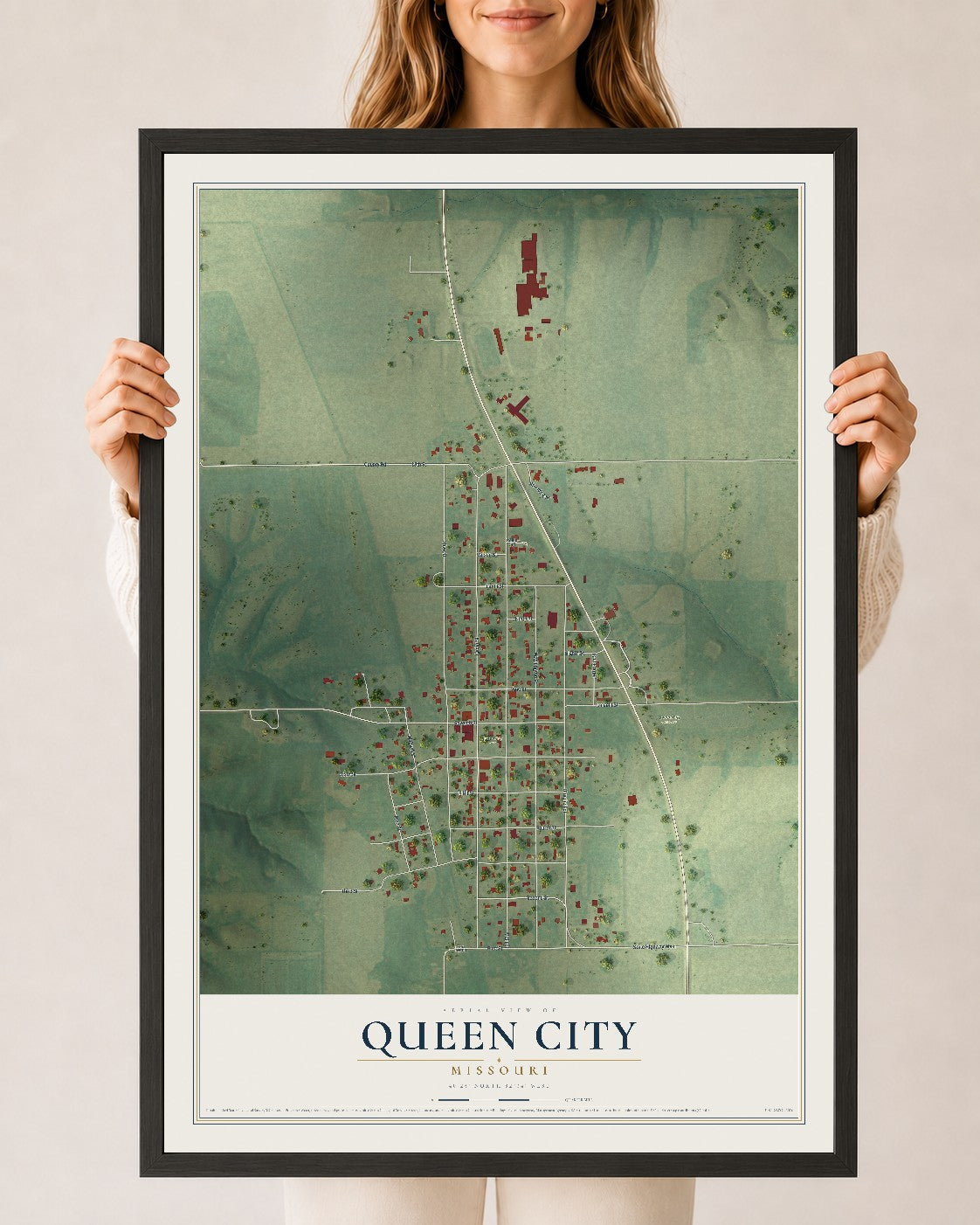 Map of Queen City, Missouri, 24 x 36 inch print in a black wood frame