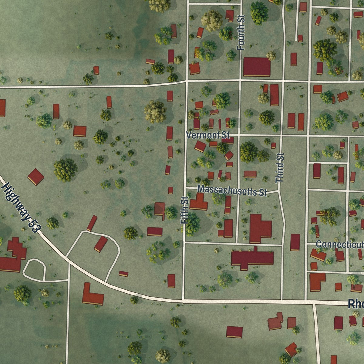 Close-up of the map of Qulin, Missouri print showing street and building detail