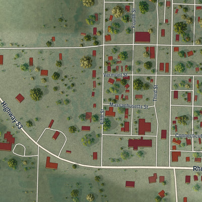 Close-up of the map of Qulin, Missouri print showing street and building detail