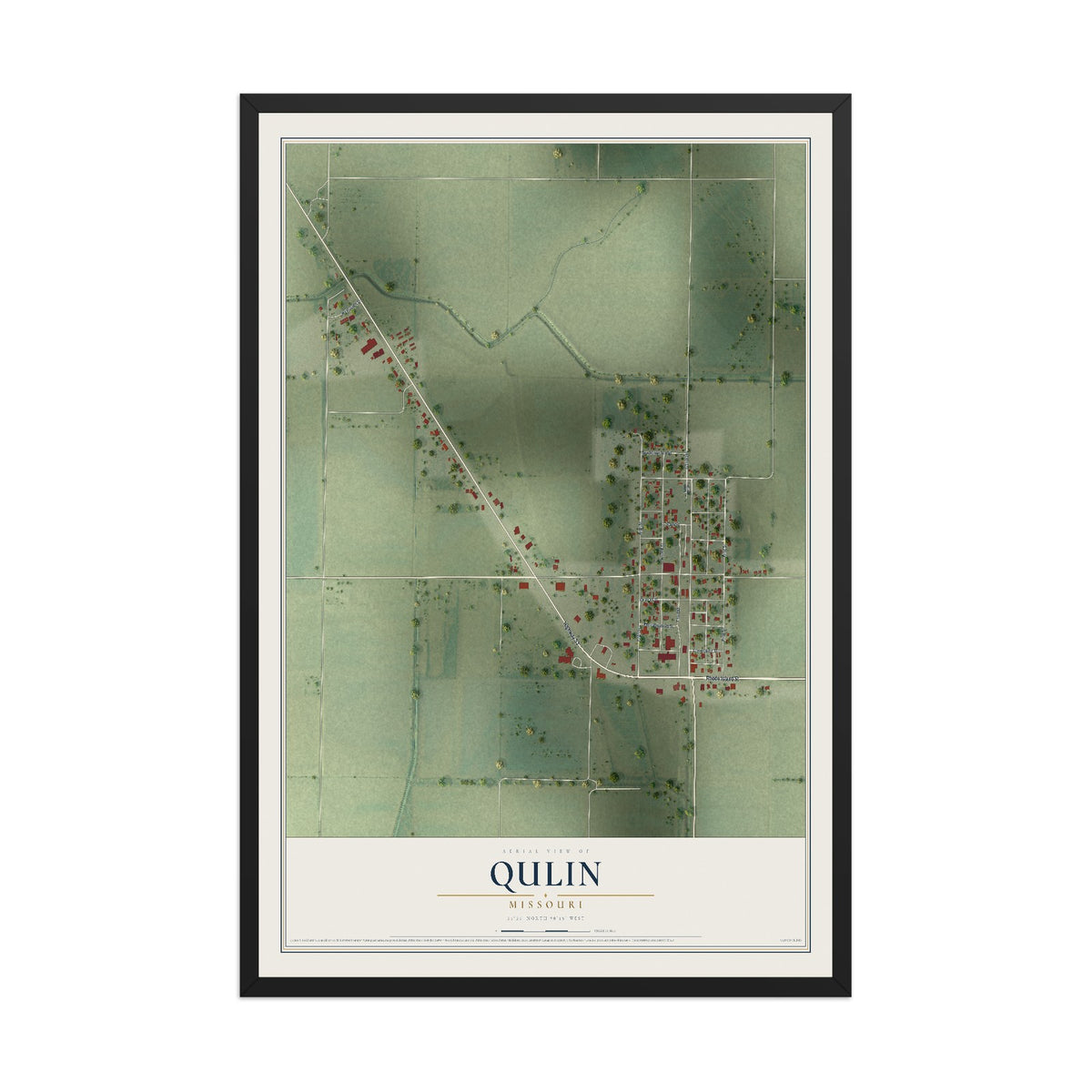 Map of Qulin, Missouri, 12 x 18 inch print in a black wood frame