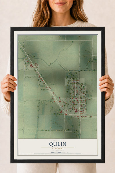 Map of Qulin, Missouri, 18 x 24 inch print in a black wood frame