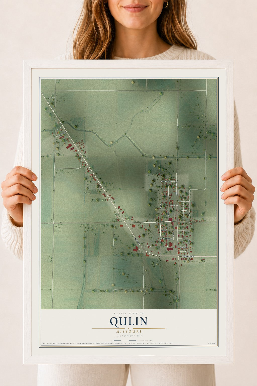 Map of Qulin, Missouri, 18 x 24 inch print in a white wood frame