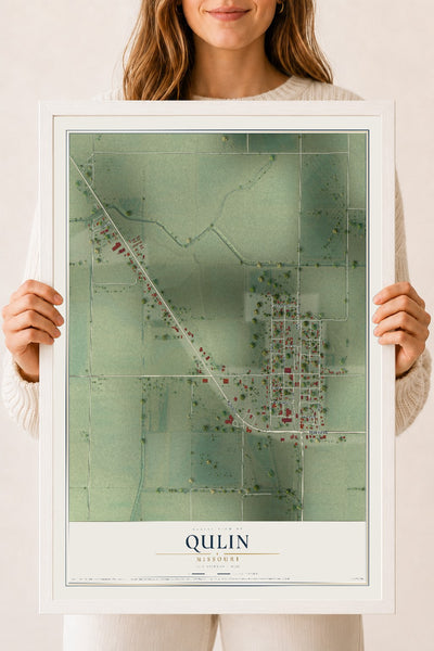 Map of Qulin, Missouri, 18 x 24 inch print in a white wood frame