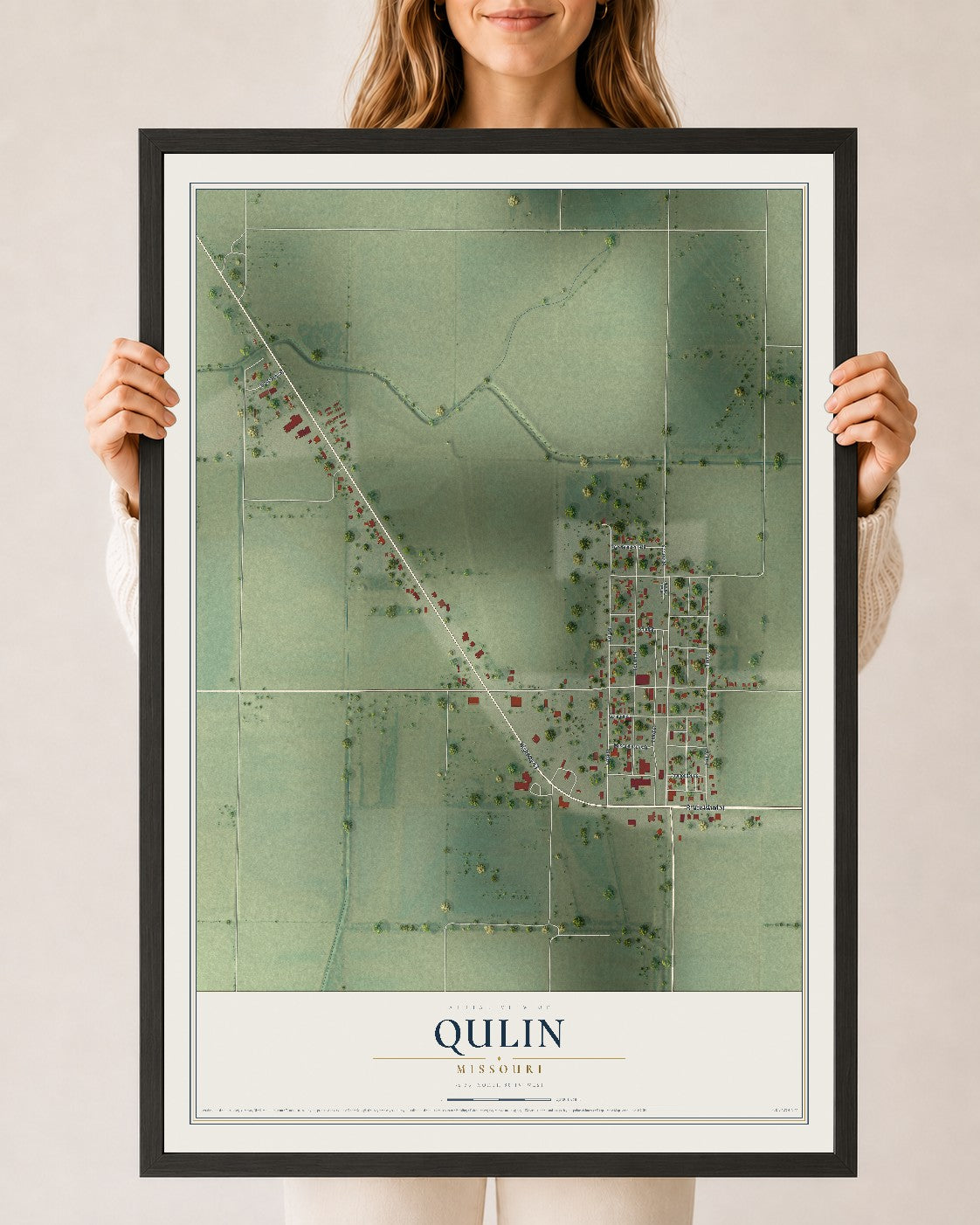 Map of Qulin, Missouri, 24 x 36 inch print in a black wood frame