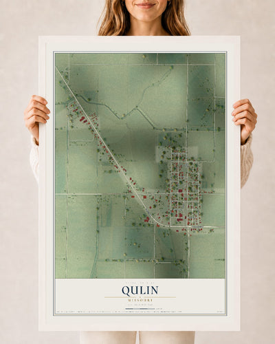 Map of Qulin, Missouri, 24 x 36 inch print in a white wood frame