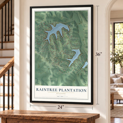 Raintree Plantation, Missouri map, 24 x 36 inch print in a black frame by a staircase