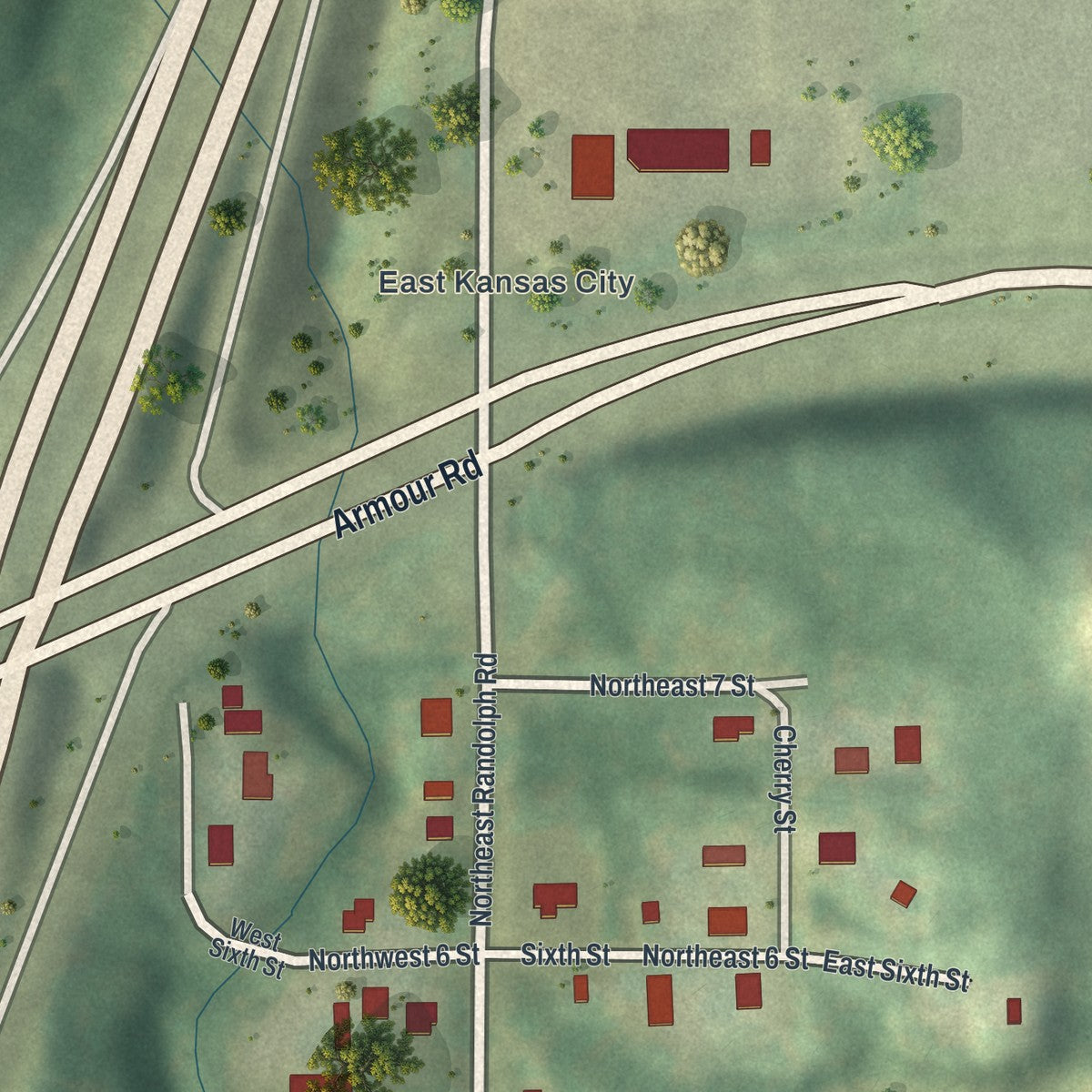 Second close-up of the map of Randolph, Missouri print showing more streets and buildings