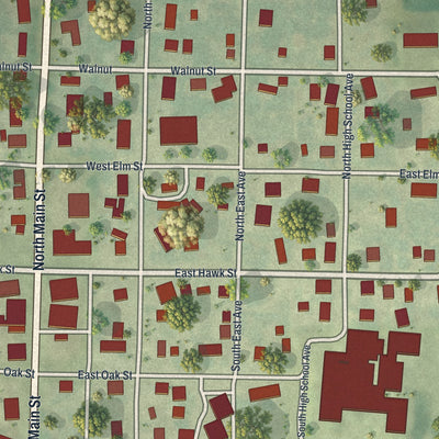 Close-up of the map of Ravenwood, Missouri print showing street and building detail