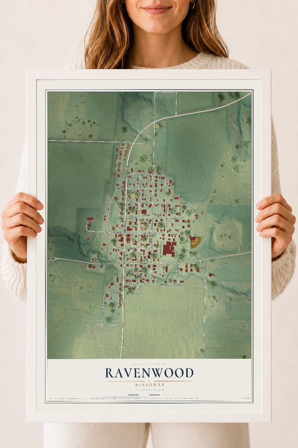 Map of Ravenwood, Missouri, 18 x 24 inch print in a white wood frame