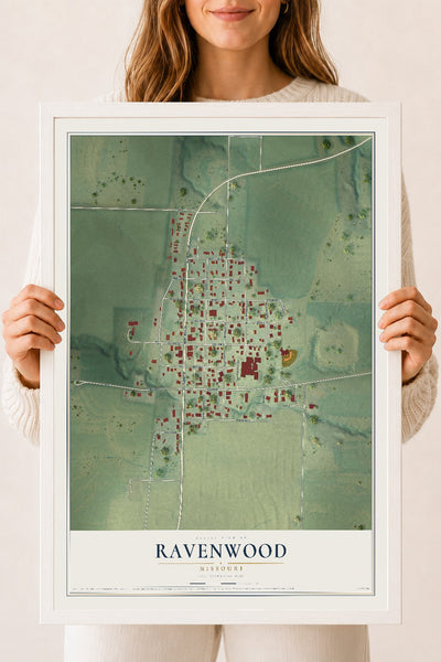 Map of Ravenwood, Missouri, 18 x 24 inch print in a white wood frame