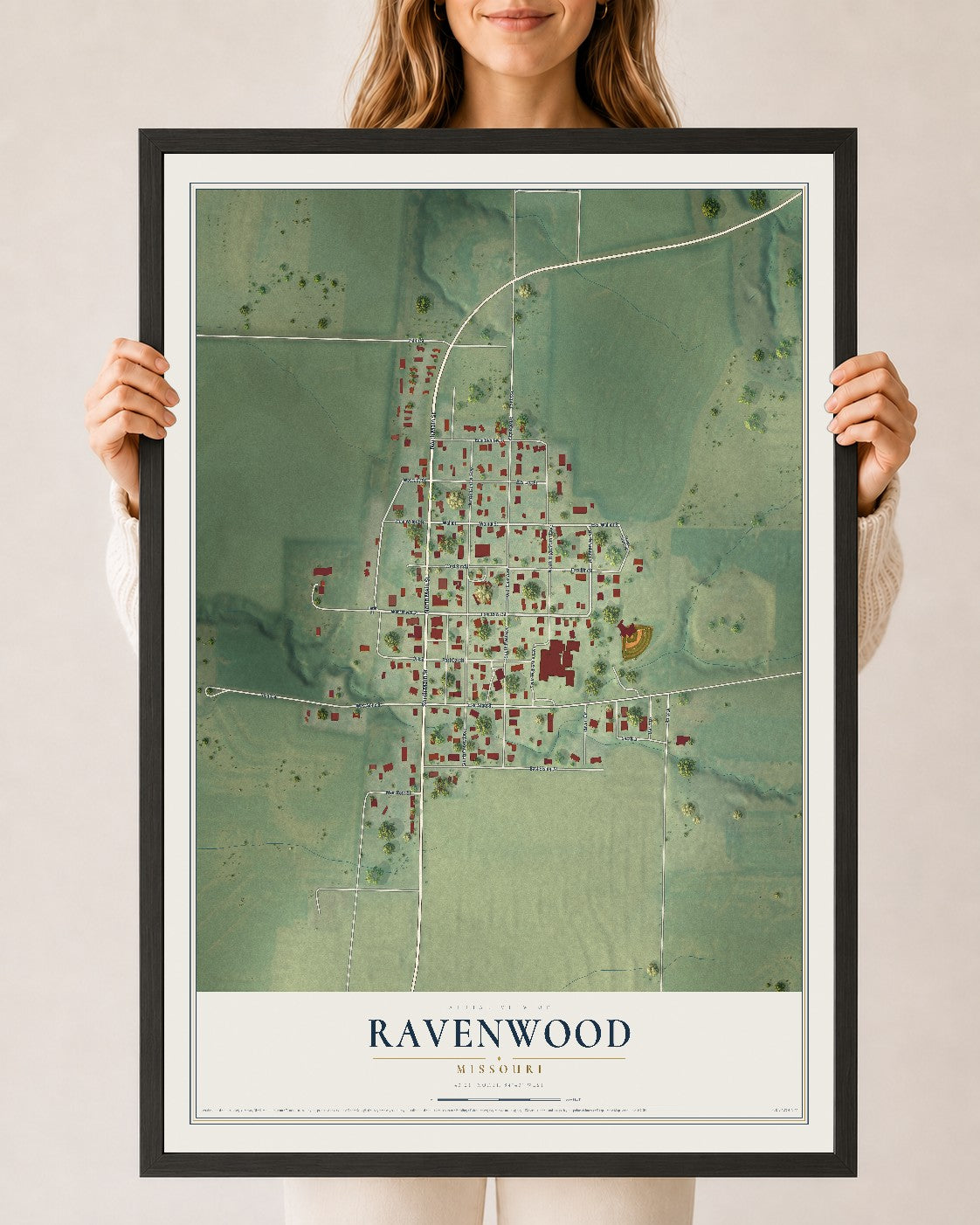 Map of Ravenwood, Missouri, 24 x 36 inch print in a black wood frame