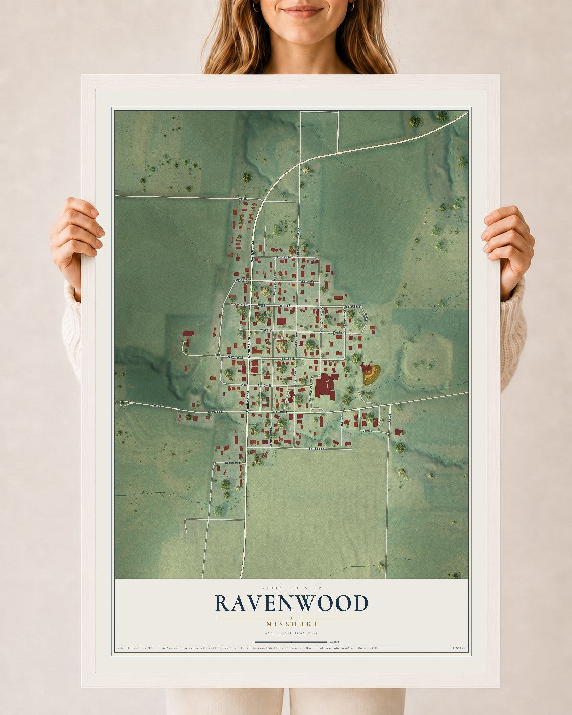 Map of Ravenwood, Missouri, 24 x 36 inch print in a white wood frame