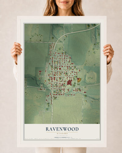 Map of Ravenwood, Missouri, 24 x 36 inch print in a white wood frame