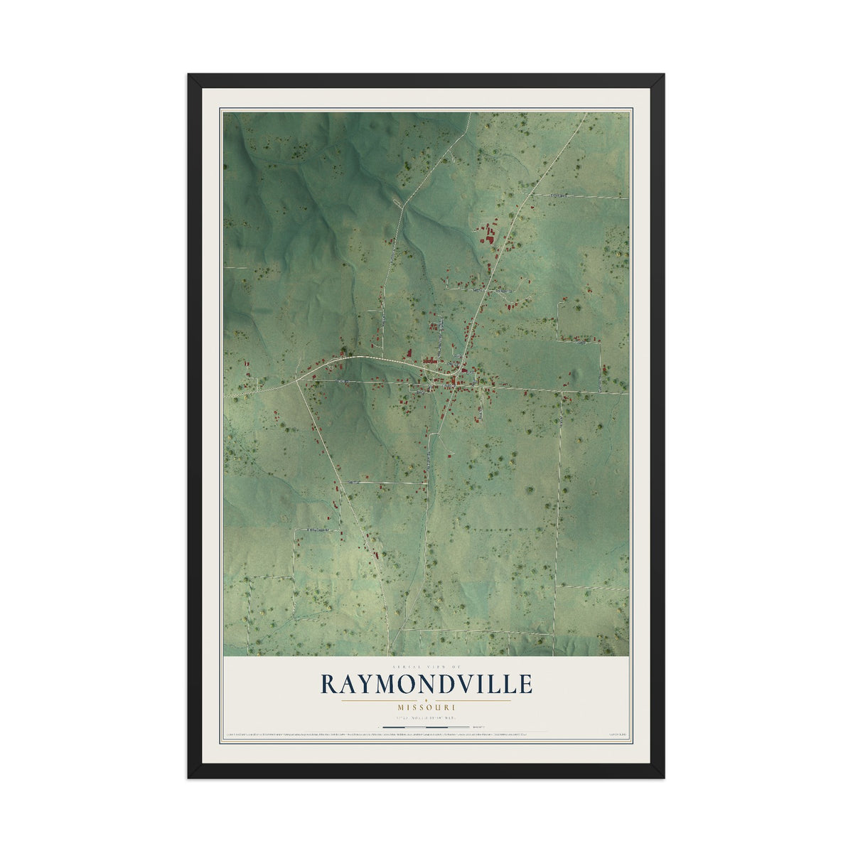 Map of Raymondville, Missouri, 12 x 18 inch print in a black wood frame