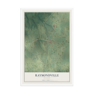 Map of Raymondville, Missouri, 12 x 18 inch print in a white wood frame