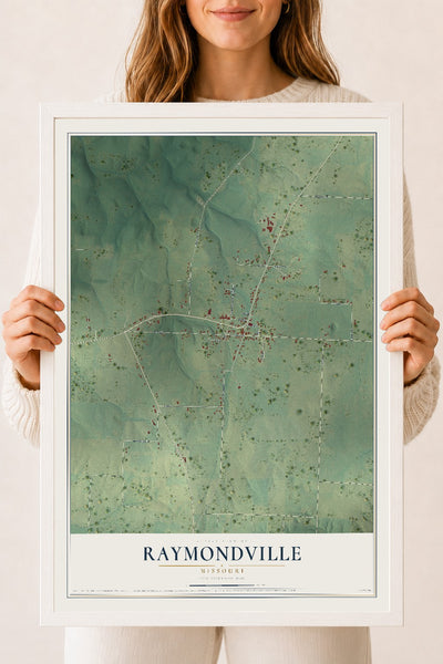 Map of Raymondville, Missouri, 18 x 24 inch print in a white wood frame