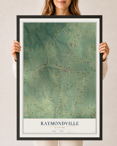 Map of Raymondville, Missouri, 24 x 36 inch print in a black wood frame