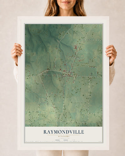 Map of Raymondville, Missouri, 24 x 36 inch print in a white wood frame