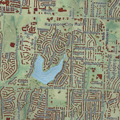 Close-up of the map of Raymore, Missouri print showing street and building detail