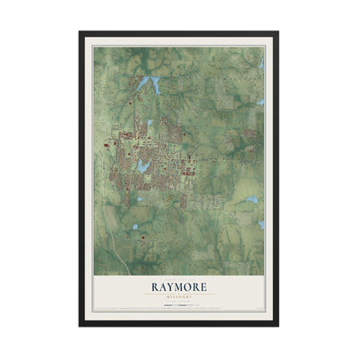 Map of Raymore, Missouri, 12 x 18 inch print in a black wood frame