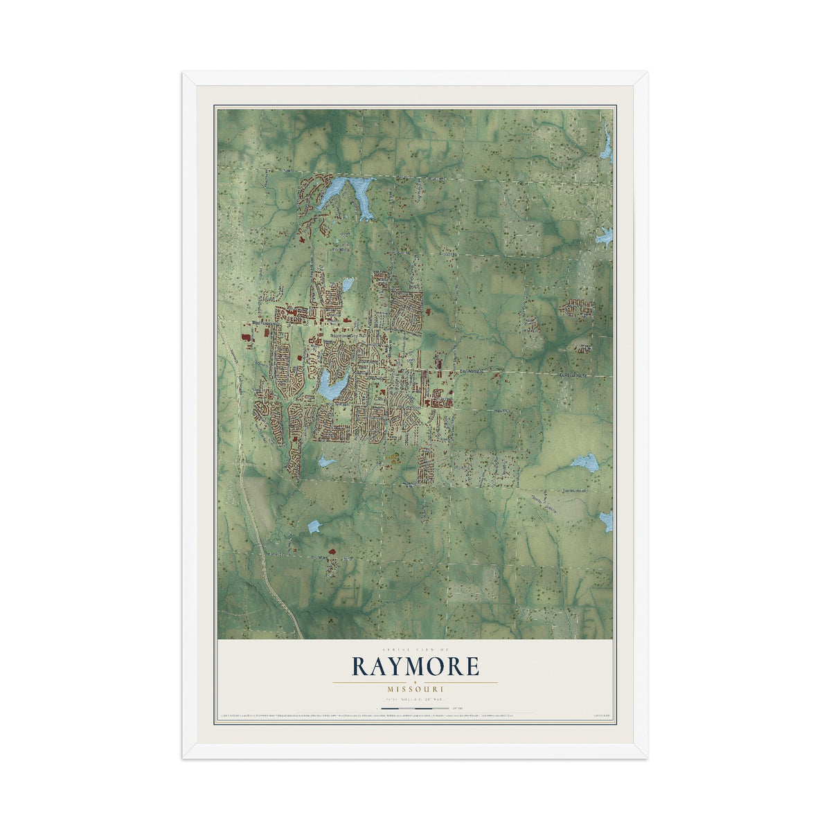 Map of Raymore, Missouri, 12 x 18 inch print in a white wood frame