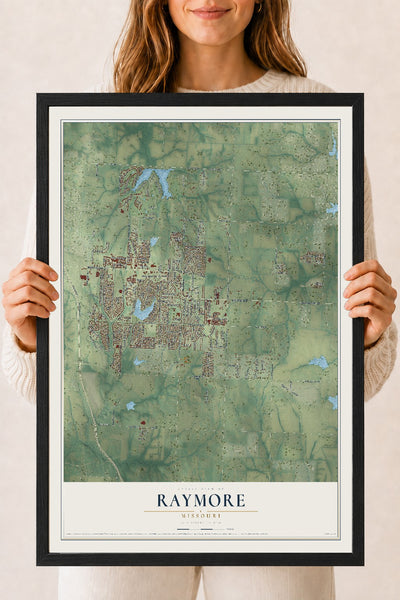 Map of Raymore, Missouri, 18 x 24 inch print in a black wood frame