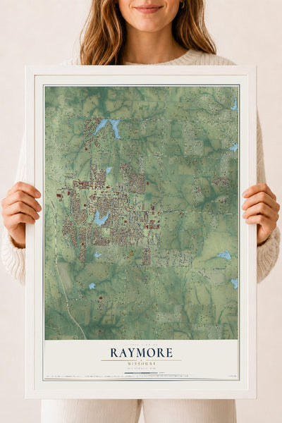Map of Raymore, Missouri, 18 x 24 inch print in a white wood frame