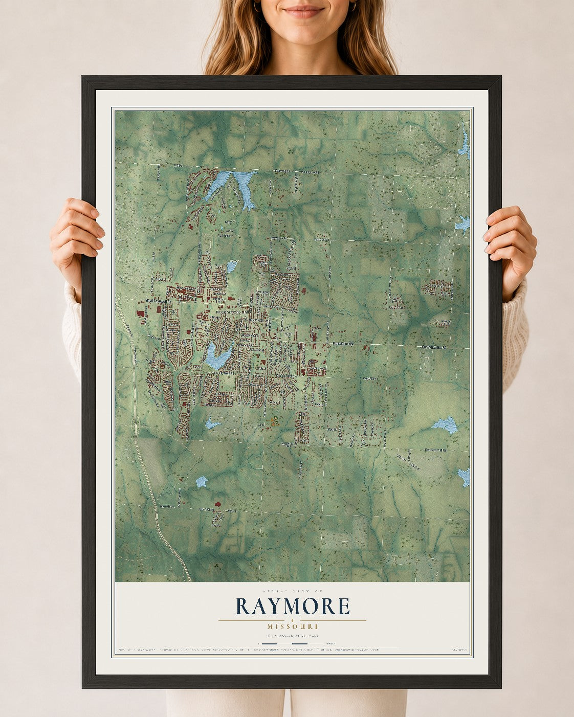 Map of Raymore, Missouri, 24 x 36 inch print in a black wood frame