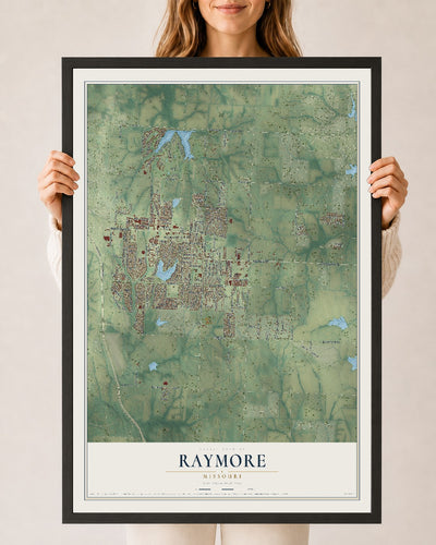Map of Raymore, Missouri, 24 x 36 inch print in a black wood frame