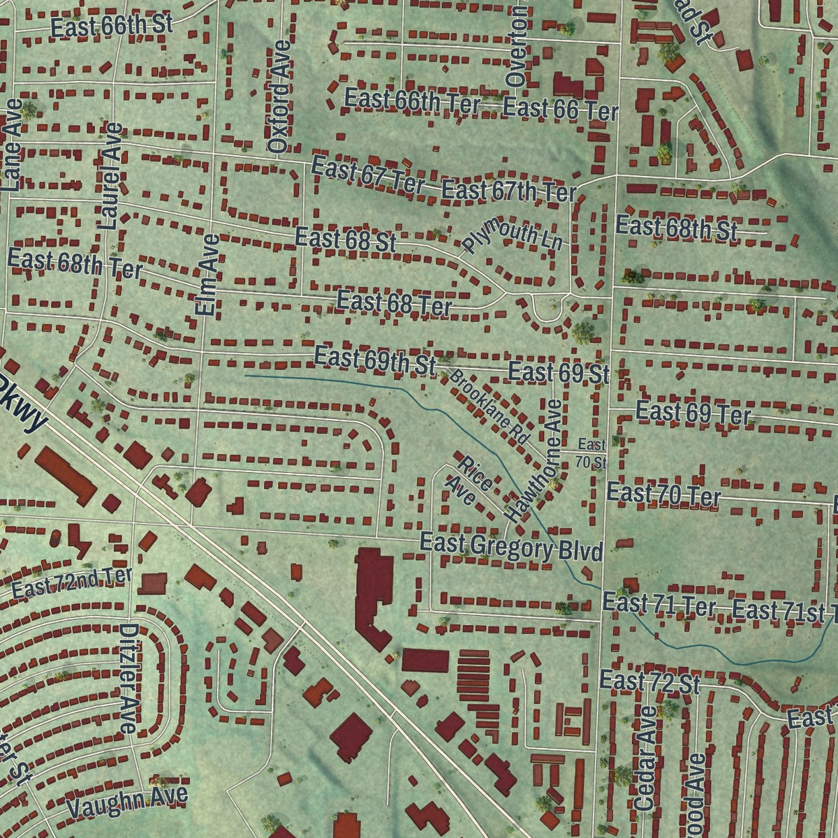 Close-up of the map of Raytown, Missouri print showing street and building detail