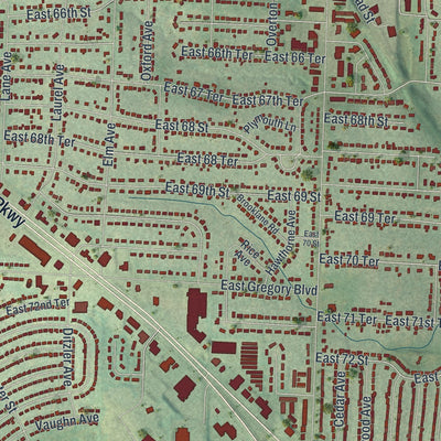 Close-up of the map of Raytown, Missouri print showing street and building detail