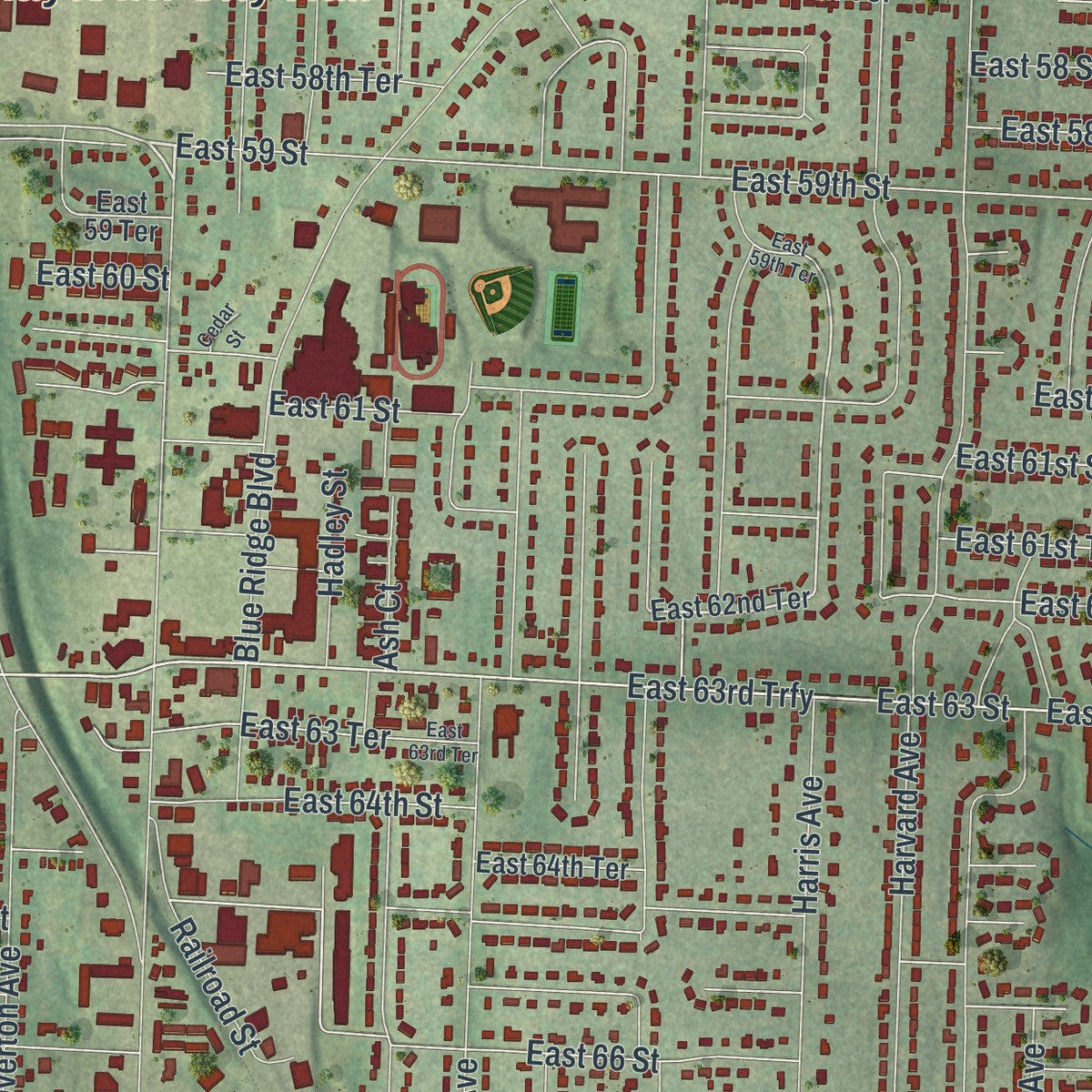 Second close-up of the map of Raytown, Missouri print showing more streets and buildings