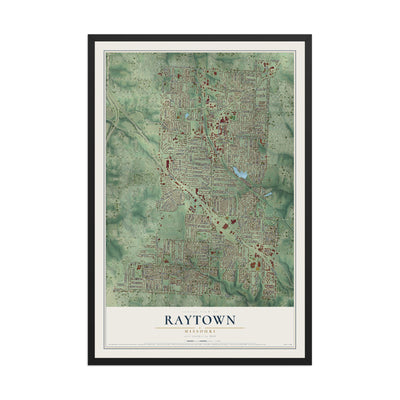 Map of Raytown, Missouri, 12 x 18 inch print in a black wood frame