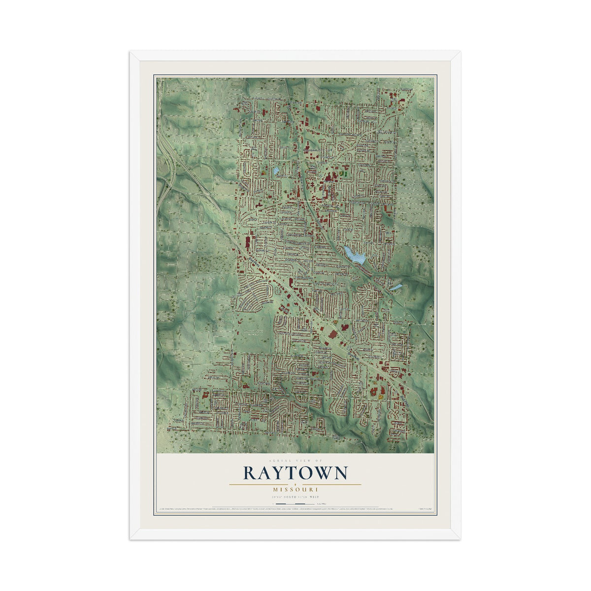 Map of Raytown, Missouri, 12 x 18 inch print in a white wood frame