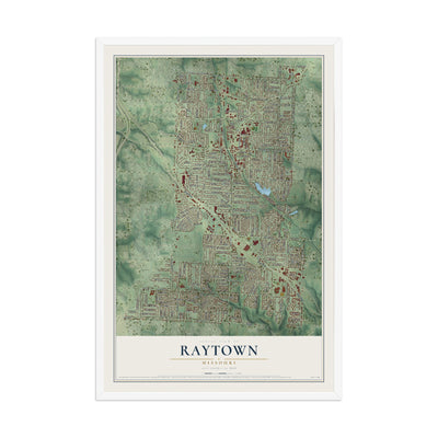 Map of Raytown, Missouri, 12 x 18 inch print in a white wood frame