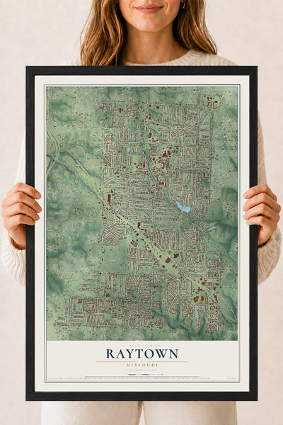 Map of Raytown, Missouri, 18 x 24 inch print in a black wood frame