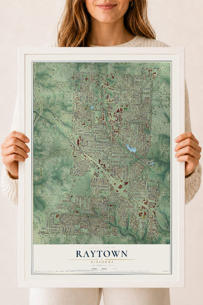 Map of Raytown, Missouri, 18 x 24 inch print in a white wood frame
