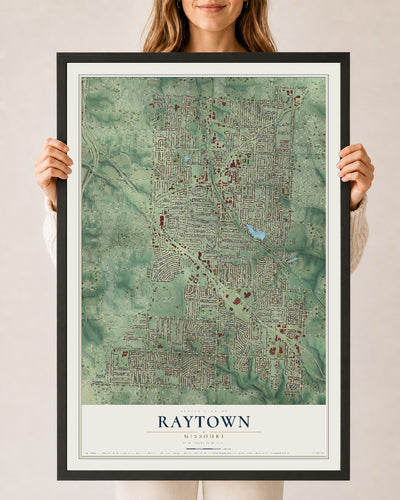 Map of Raytown, Missouri, 24 x 36 inch print in a black wood frame