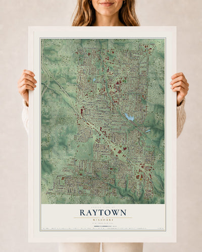 Map of Raytown, Missouri, 24 x 36 inch print in a white wood frame