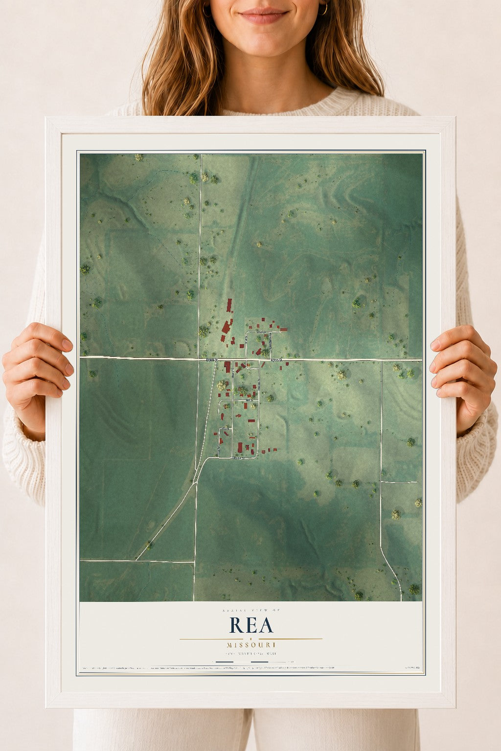 Map of Rea, Missouri, 18 x 24 inch print in a white wood frame
